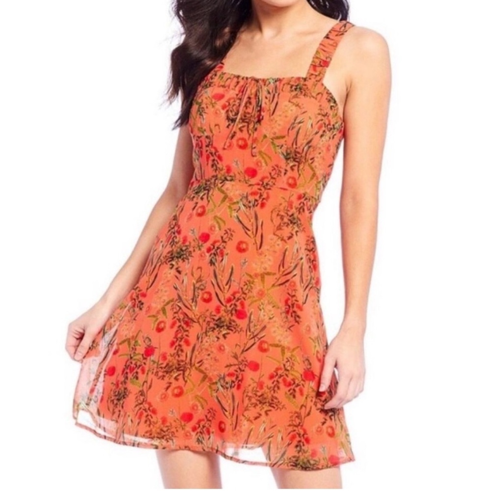 Gianni Bini Jane Orange Floral Square Neck Fit & Flare Mini Dress Garden Chiffon